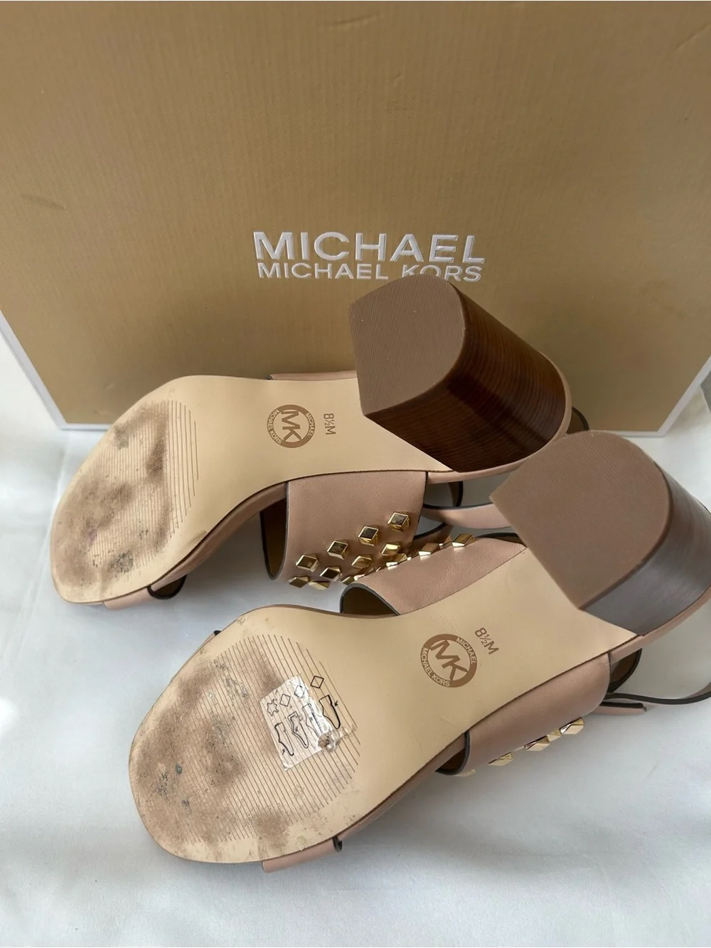 🩷Michael Kors💛”Valencia”Blush Pink Leather Studded Ankle Slingback Sandals-NIB